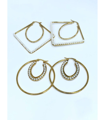 Argollas Doble con perlas De Acero inoxidable